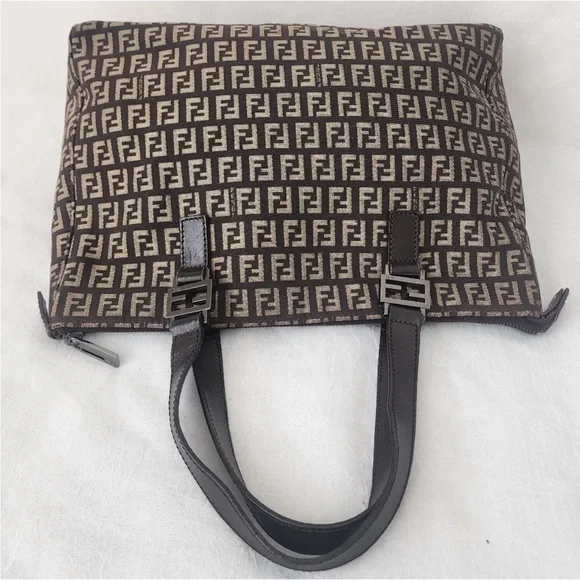 Vintage Fendi Zucchino FF Monogram Canvas Tote Bag Brown Leather Trim Italy - Picture 8 of 10
